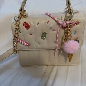 Cream Quilted Crossbody Bag with Pink Charms